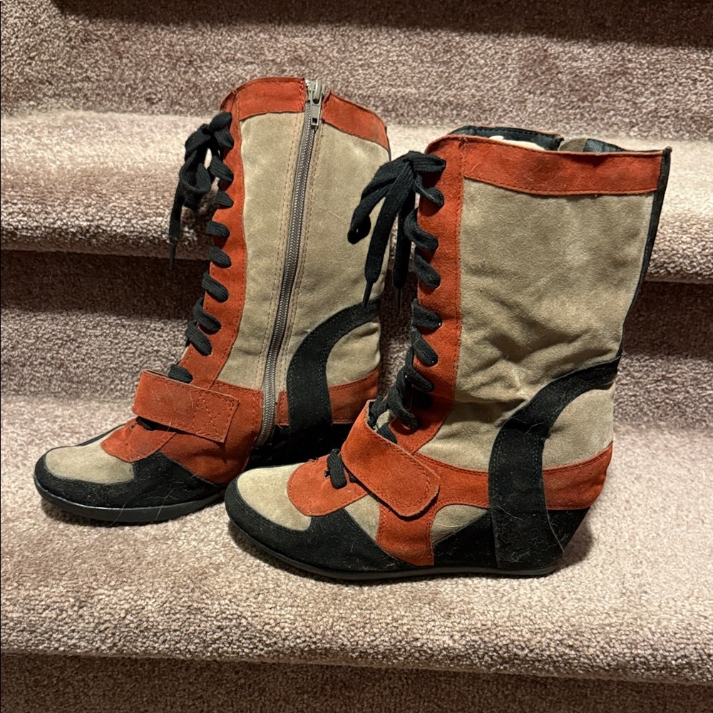 Breckelles Burnished Orange and Black Heeled Boots